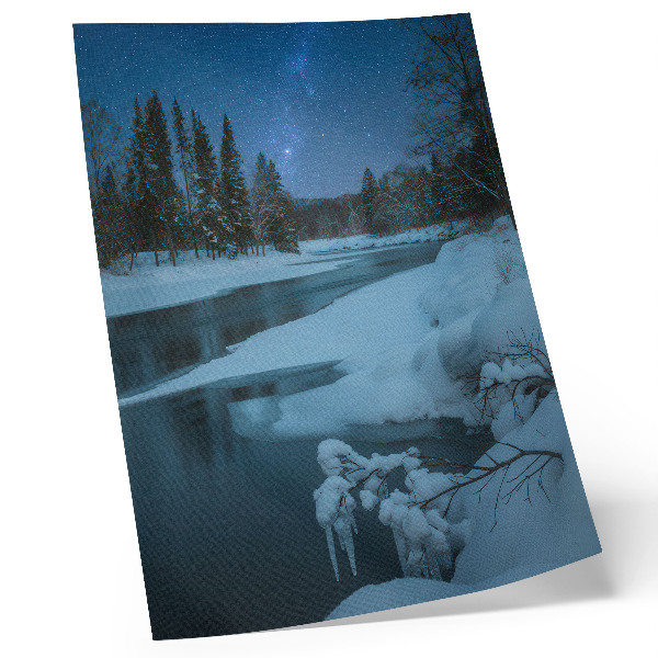 Wandposter Winterlandschap, rivier, bomen, sterren
