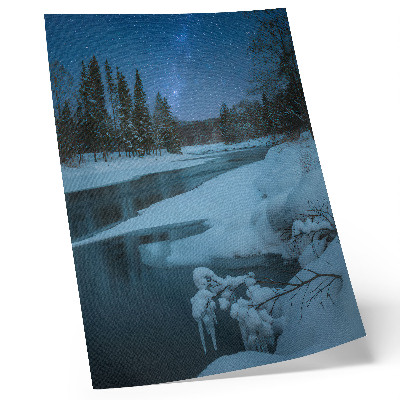 Wandposter Winterlandschap, rivier, bomen, sterren