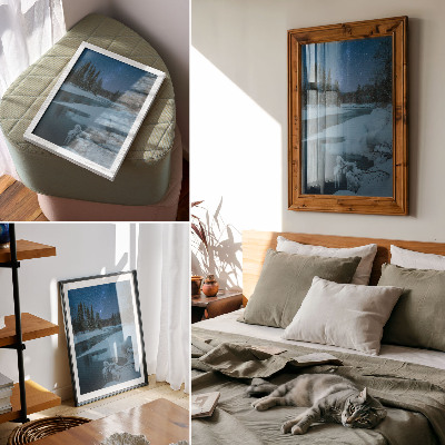 Wandposter Winterlandschap, rivier, bomen, sterren