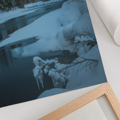 Wandposter Winterlandschap, rivier, bomen, sterren