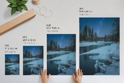 Wandposter Winterlandschap, rivier, bomen, sterren