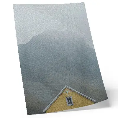 Poster gele huis met bergen en vredige sfeer