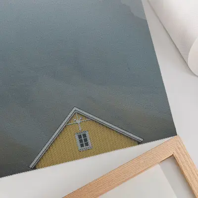 Poster gele huis met bergen en vredige sfeer