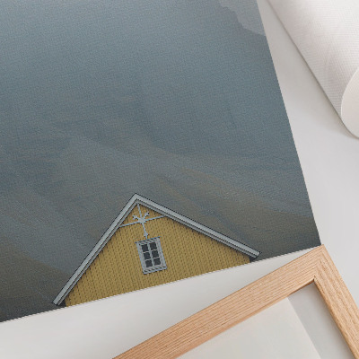 Poster Gele huis mist bergen vredige sfeer