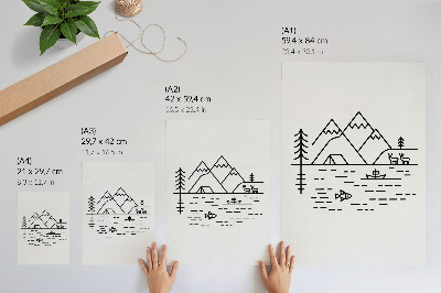 Wandposter Minimalistische lijn bergen meer dieren