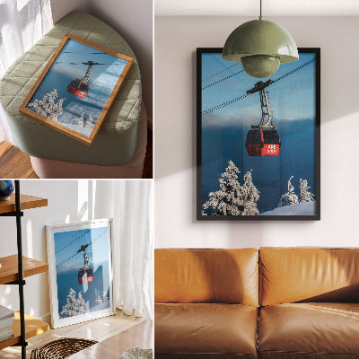 Decoratieve poster Winterlandschap, rode gondel, witte bomen
