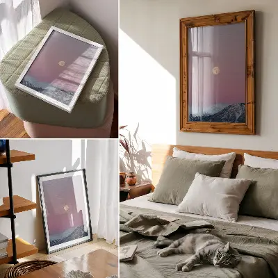 Wandposter bergen in de schemering onder een maan met een pastelkleurige hemel