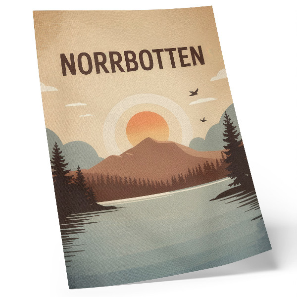Poster Landschap meer berg zonsondergang bomen turkoois beige