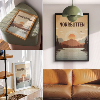 Poster Landschap meer berg zonsondergang bomen turkoois beige