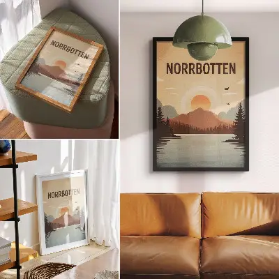 Poster landschap met een meer, bergen, zonsondergang en bomen in turkoois en beige