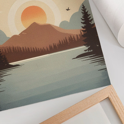 Poster Landschap meer berg zonsondergang bomen turkoois beige