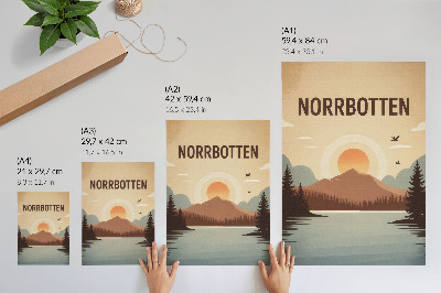 Poster Landschap meer berg zonsondergang bomen turkoois beige