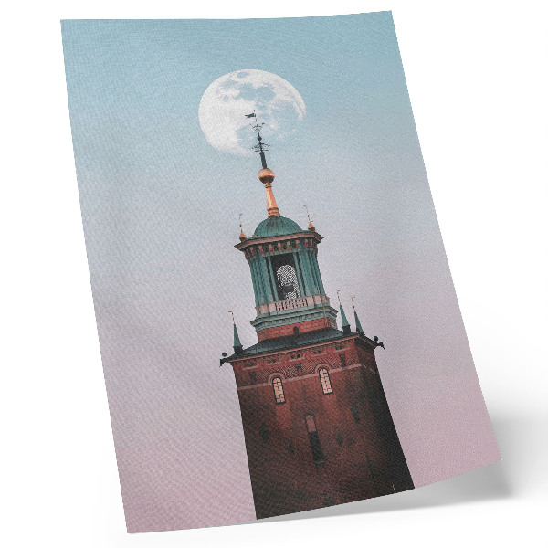 Wandposter Toren, maan, achtergrond, pastel, rustig