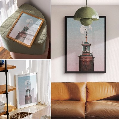 Wandposter Toren, maan, achtergrond, pastel, rustig