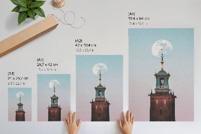 Wandposter Toren, maan, achtergrond, pastel, rustig