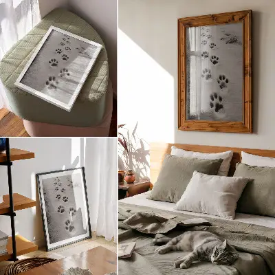 Decoratieve poster pootafdrukken in de witte sneeuw met een vleugje mysterie