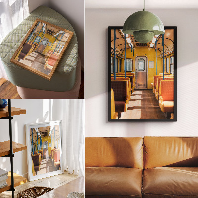 Poster Gele wagon met oranje stoelen