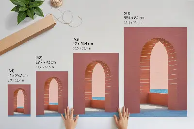 Wandposter pastelkleurige bogen met minimalistische architectuur aan zee