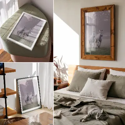 Wandposter witte paarden in de ochtendmist in een natuurlandschap