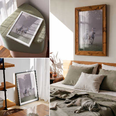 Wandposter Witte paarden ochtendmist ruimte natuur