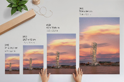 Wandposter Moderne toren, pastelkleurige lucht, zonsondergang