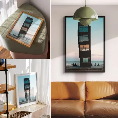 Wandposter moderne zwarte toren boven een blauwe zee