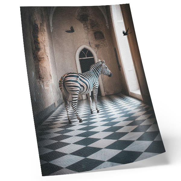 Poster Zebra tegen de achtergrond van architectuur met vogels in vlucht