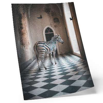 Poster Zebra tegen de achtergrond van architectuur met vogels in vlucht