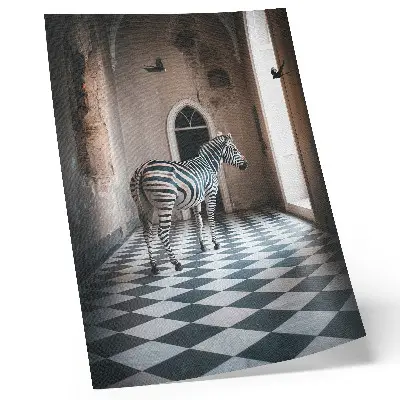 Poster zebra tegen een architectonische achtergrond met vliegende vogels