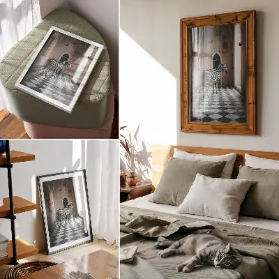 Poster zebra tegen een architectonische achtergrond met vliegende vogels