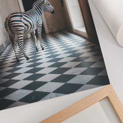 Poster Zebra tegen de achtergrond van architectuur met vogels in vlucht