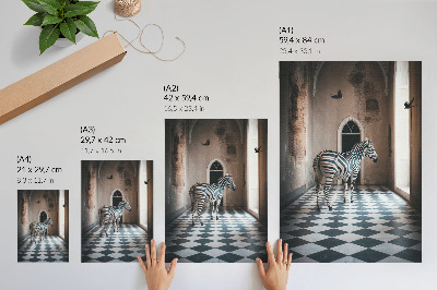 Poster Zebra tegen de achtergrond van architectuur met vogels in vlucht