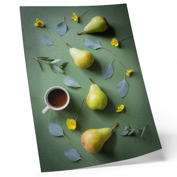 Decoratieve poster Groene achtergrond, thee, peren, bloemen, bladeren