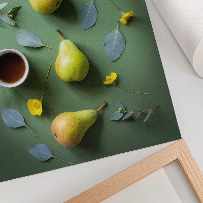 Decoratieve poster Groene achtergrond, thee, peren, bloemen, bladeren