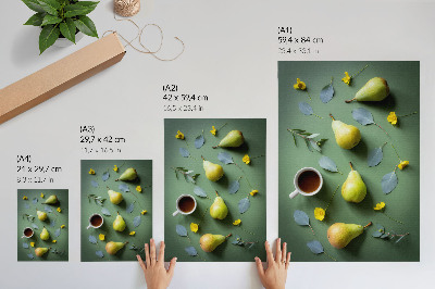 Decoratieve poster Groene achtergrond, thee, peren, bloemen, bladeren