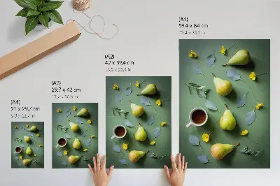 Decoratieve poster met groene achtergrond, thee, peren, bloemen en bladeren