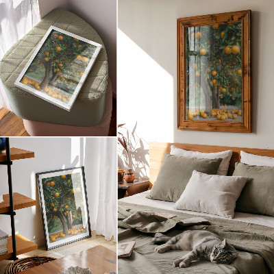 Poster Sappige sinaasappels aan een boom in een groene boomgaard.