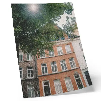 Decoratieve poster met kleurrijke gevels, groene bomen en een zonnige lucht
