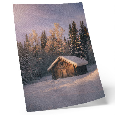 Wandposter Winterbos, houten huisje, rust, harmonie, natuur