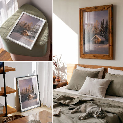 Wandposter Winterbos, houten huisje, rust, harmonie, natuur