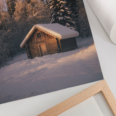 Wandposter Winterbos, houten huisje, rust, harmonie, natuur