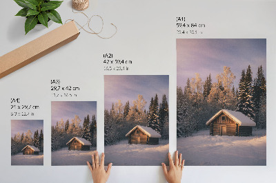 Wandposter Winterbos, houten huisje, rust, harmonie, natuur