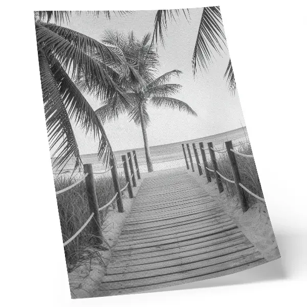 Decoratieve poster met tropische pier, palmbomen, zand en een eindeloze horizon