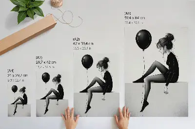 Decoratieve poster figuur aan de rand met een ballon als emotionele weerspiegeling