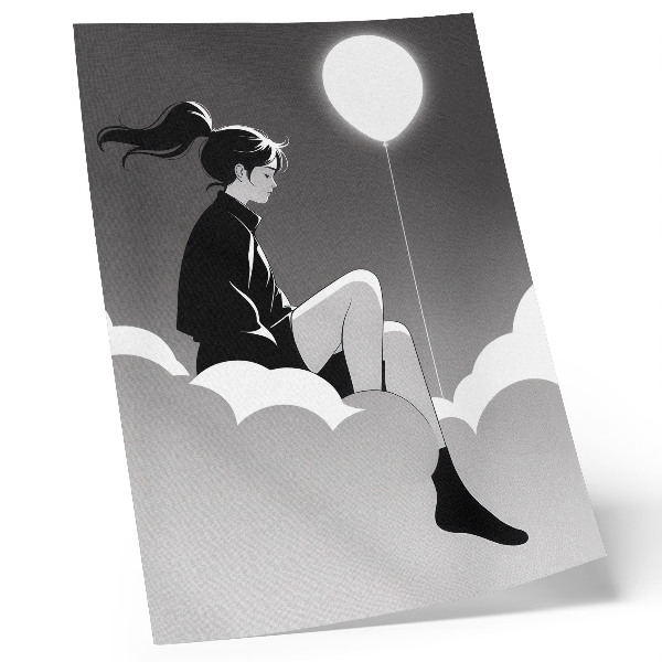 Wandposter Een figuur op een wolk met een ballon in een minimalistische stijl.