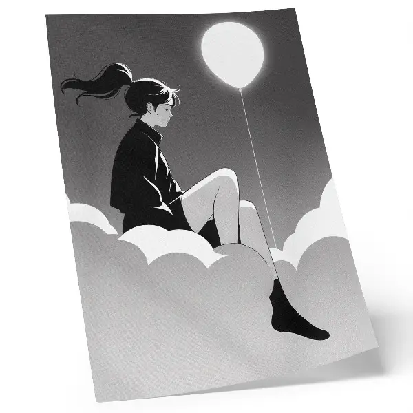 Wandposter minimalistische afbeelding van een figuur op een wolk met een ballon