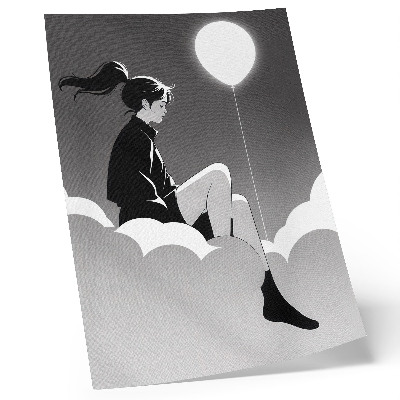 Wandposter Een figuur op een wolk met een ballon in een minimalistische stijl.