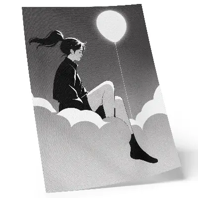 Wandposter minimalistische afbeelding van een figuur op een wolk met een ballon