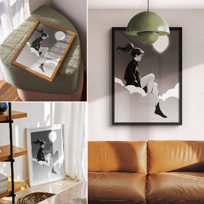 Wandposter Een figuur op een wolk met een ballon in een minimalistische stijl.