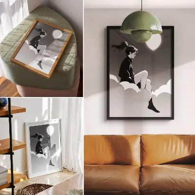 Wandposter minimalistische afbeelding van een figuur op een wolk met een ballon